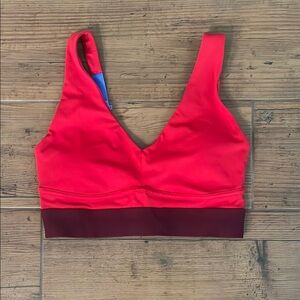 Fabletics Red and Blue Sports Bra with V-Neck and Supportive Design S/M